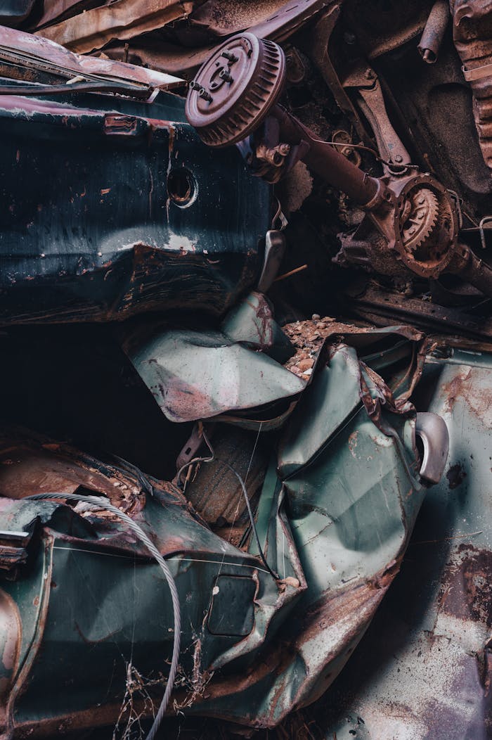 Detailed close-up of a pile of rusty, broken cars in a junkyard.