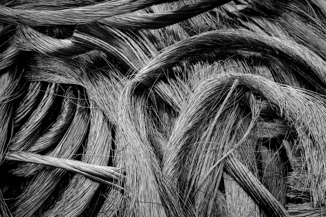Intricate black-and-white close-up of intertwined metal wires showcasing industrial textures.
